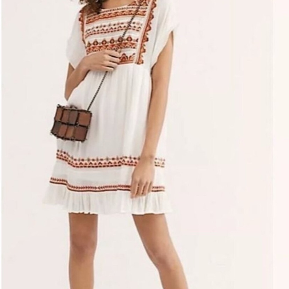 Free People Embroidered White and Brown Dress